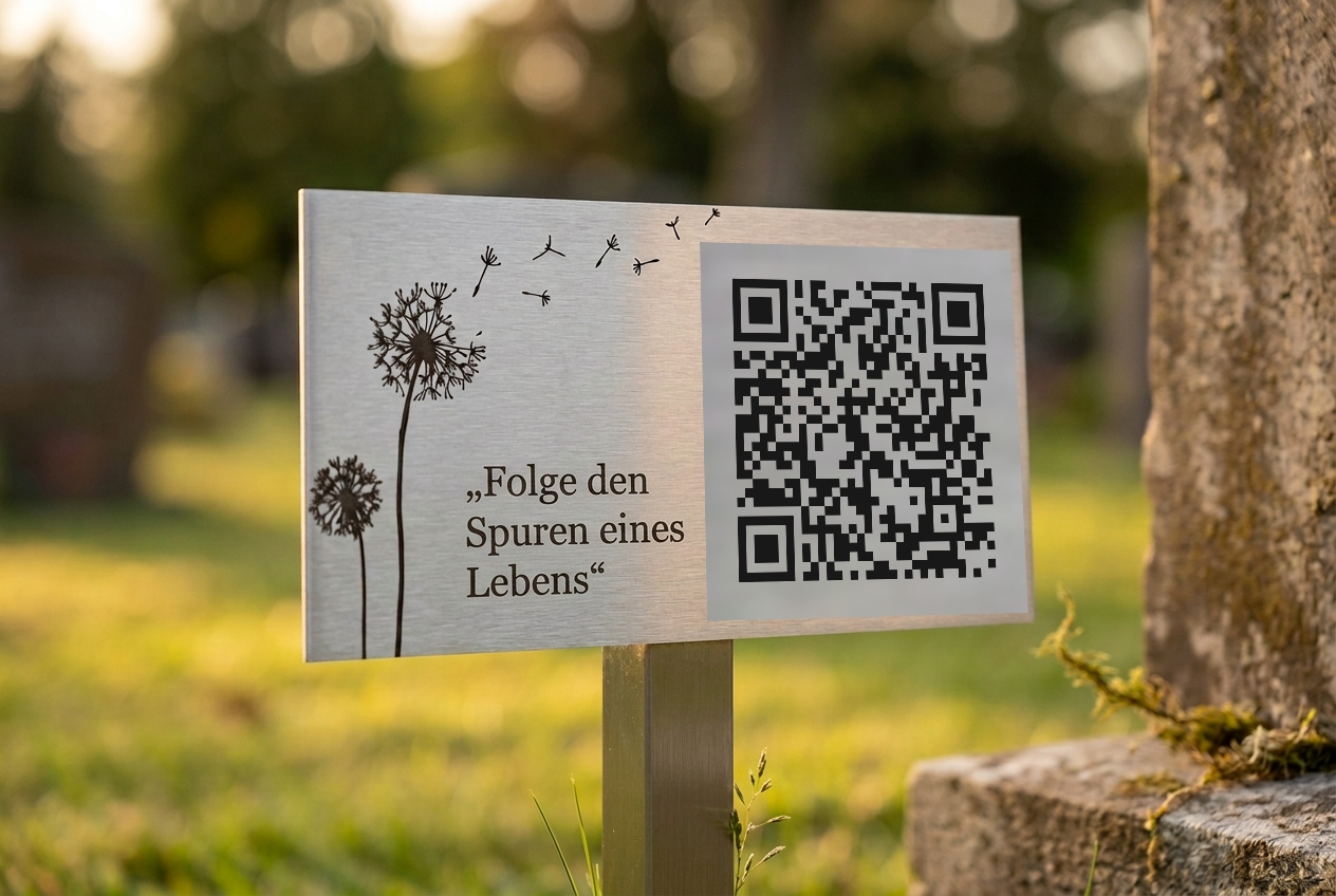 QR-Plakette aus Edelstahl am Grab